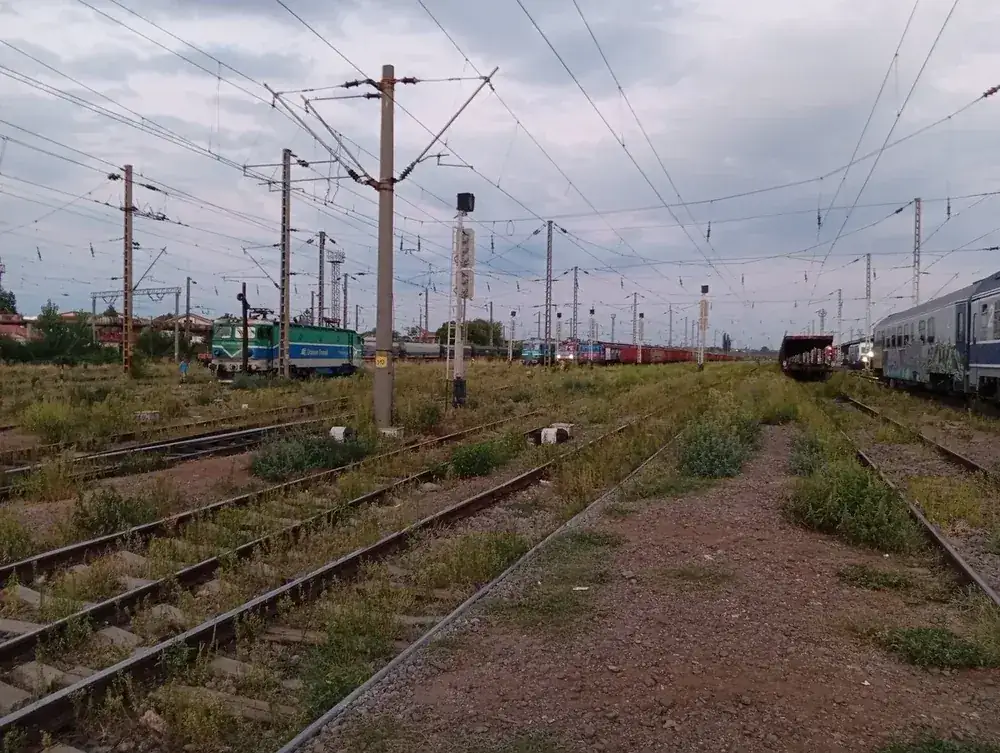 The yard east of the platforms — freight and locomotives on the through tracks