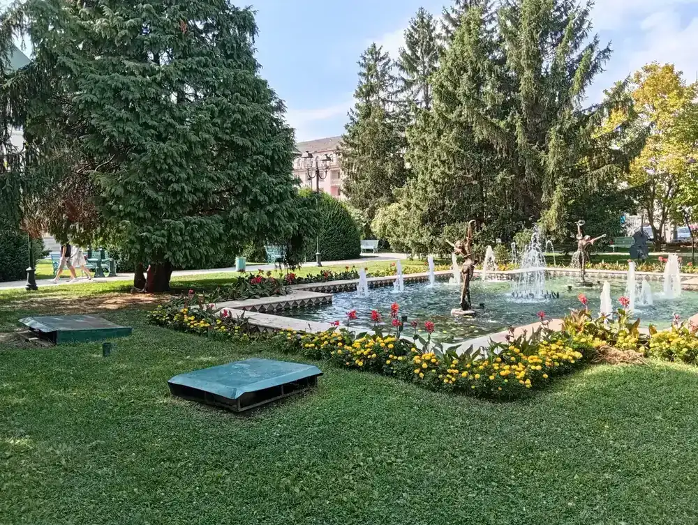Fountain and flowerbeds from the lawn