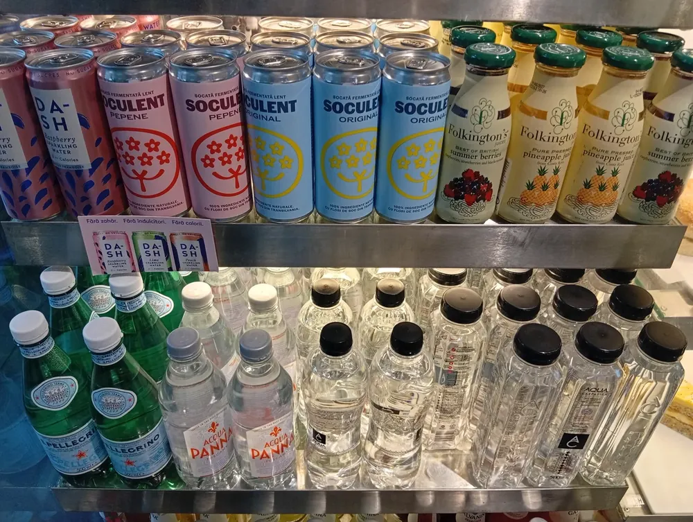 The cold shelf — waters, juices and elderflower socată