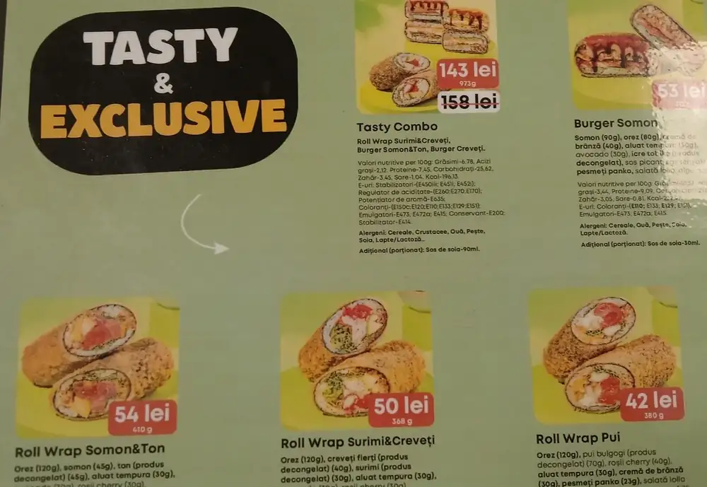 A sushi menu board, Tasty & Exclusive section — Tasty Combo 973g 143 lei (from 158), Roll Wrap Somon&Ton 410g 54 lei, Roll Wrap Surimi&Creveți 368g 50 lei, Roll Wrap Pui 380g 42 lei. A full board, sampled rather than transcribed line by line. September 2026