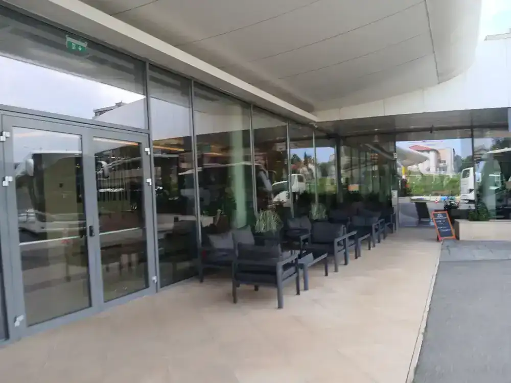 Covered seating along the front